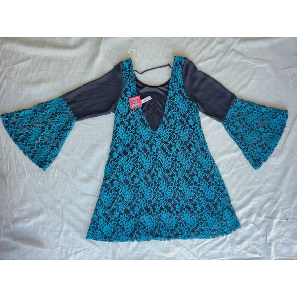 Black and Teal Floral Pattern Lace Embroidered Mini Dress Bell Sleeve Small NWT - Picture 3 of 12